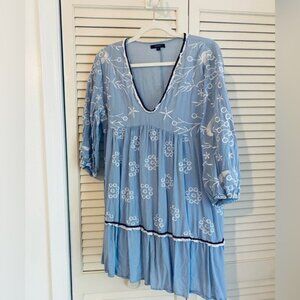FloryDay Pale Blue Embroidered V-Neck Dress W/White Floral Details Size L
